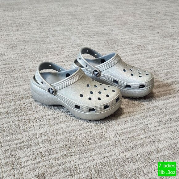 CROCS Shoes - Crocs women's Classic Glitter Platform Clogs silver size 7